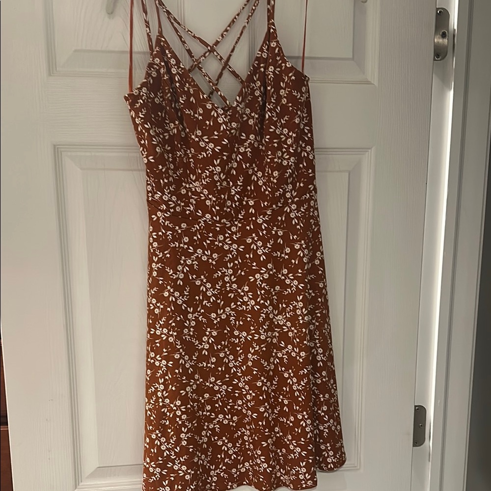 Floral Spaghetti Strap Dress - Brown and White
